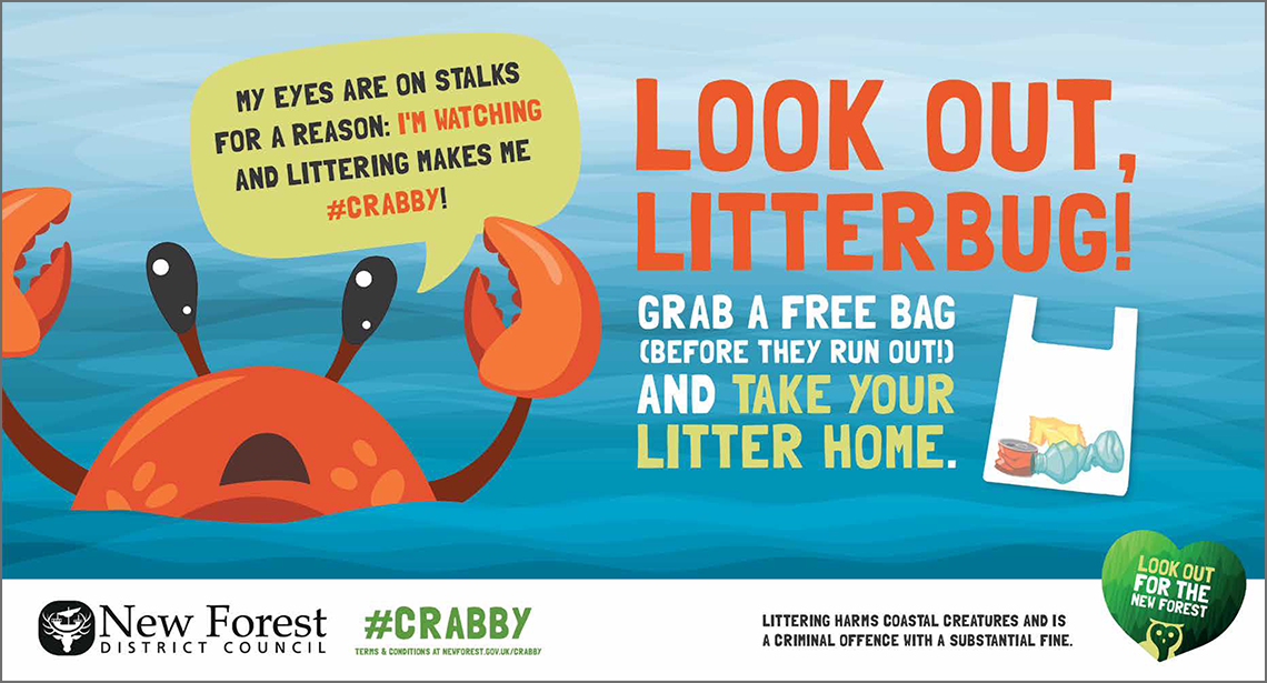  Illustrative graphic with the image of a orange-coloured crab floating in a blue sea, pincers raised, and text reading: 'My eyes are on stalks for a reason: I'm watching, and littering makes me #crabby. Look out litterbug! Grab a free bag (before they run out!) and take your litter home.'