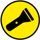 Yellow circular graphic icon featuring black torch icon