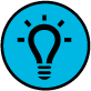 Blue circular graphic icon featuring black light bulb icon
