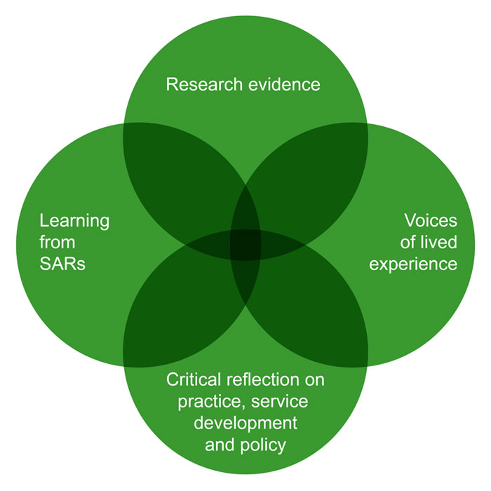 The diagram highlights that the evidence-base on adult safeguarding and homelessness is drawn from four sources, which overlap and interlink. These sources are the voices of lived experience, research evidence, learning rom SARs and critical reflection by those involved on practice, service development and policy.