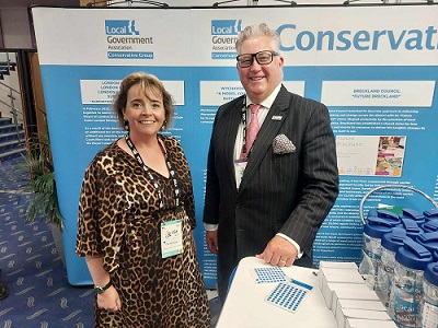 Cllr Kevin Bentley, leader and cllr Cllr Abi Brown Deputy leader of the LGA Conservative group at the LGA annual conference 2023