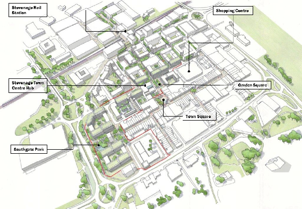 A framework plan of Stevenage, highlighting important areas.