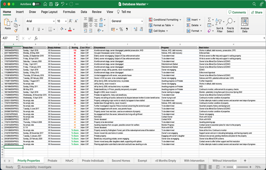 An example of an empty homes database, created using a Microsoft Excel Spreadsheet. The database categories, tabs, and information columns are identified and allow for structured collation of relevant data.