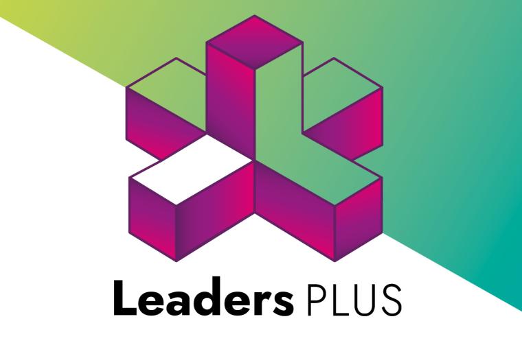 Purple Leaders Plus logo on gradient green and white background