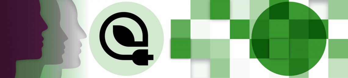 Banner image with green and white squares, and a plug/leaf hybrid logo