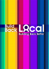 Decorative icon with vertical stripes in various colours and the word "Build back local: build back better" in white