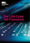 Cover of portrait-oriented publication (featuring the logos of the Local Government Association and Dionach) with the title 'The LGA Cyber 360 Framework' in hot pink text over a closeup image of a laptop keyboard backlit in green and blue lights