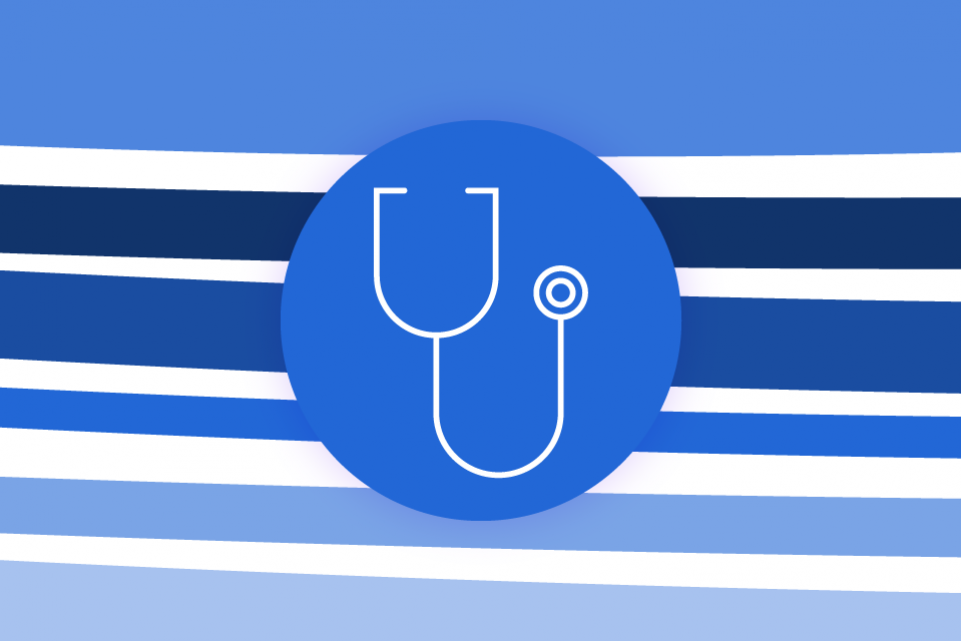 Blue stripes on a white background and a blue icon of a stethoscope in the foreground
