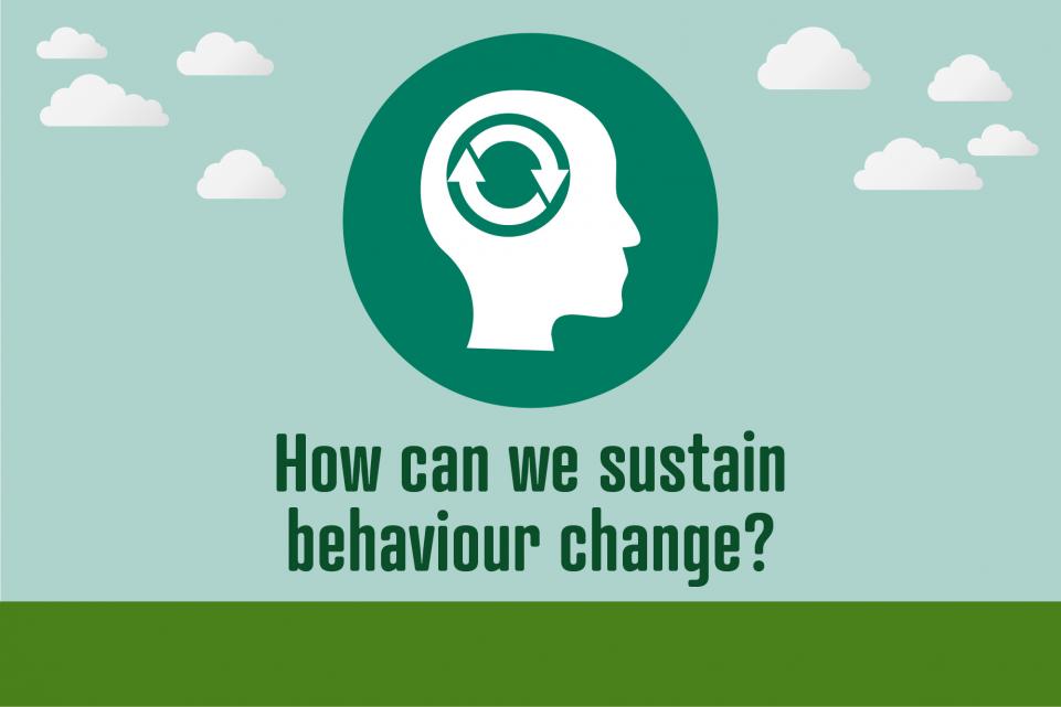 Image of icon with head and recycling sign where the brain should be, with text reading 'how can we sustain behaviour change'
