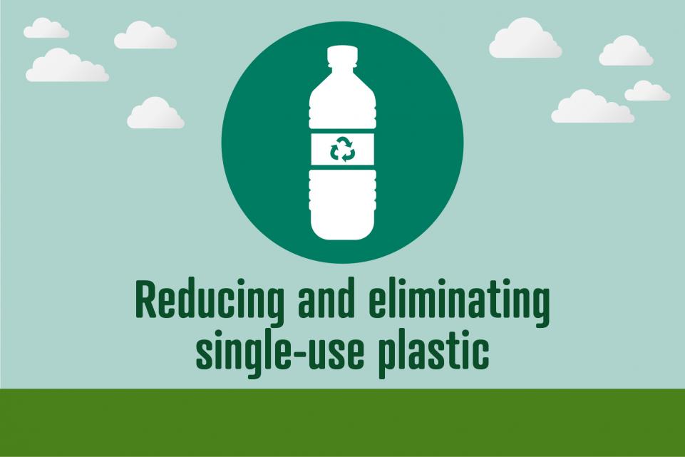 Picture of plastic bottle icon with text below reading 'reducing and eliminating single-use plastic'