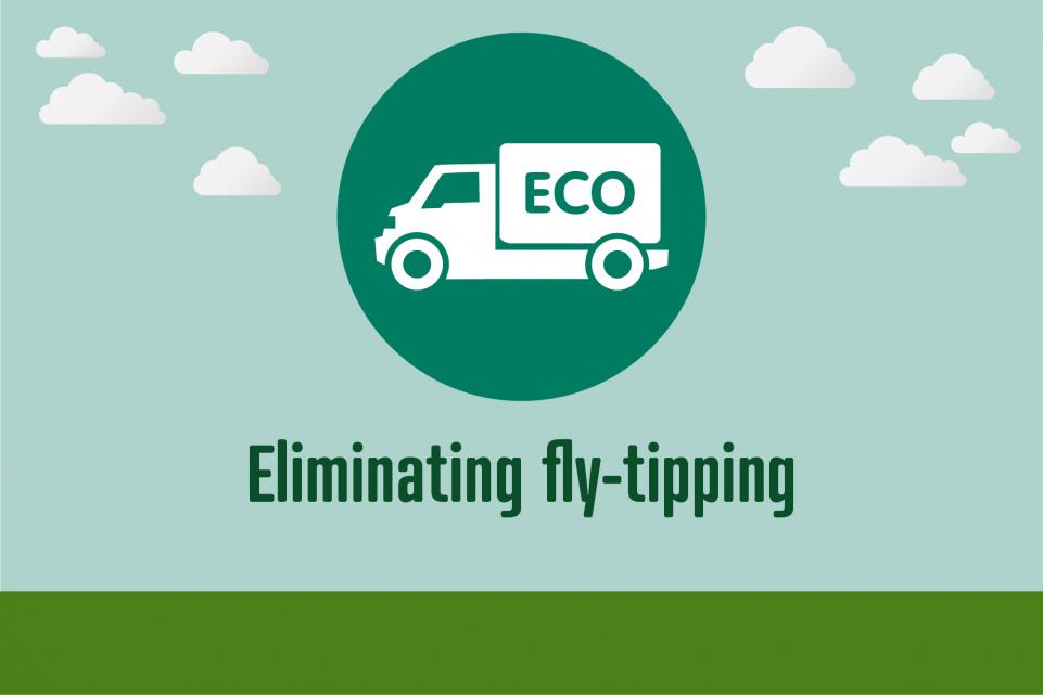Image of icon with van, with text below reading 'eliminating fly-tipping'