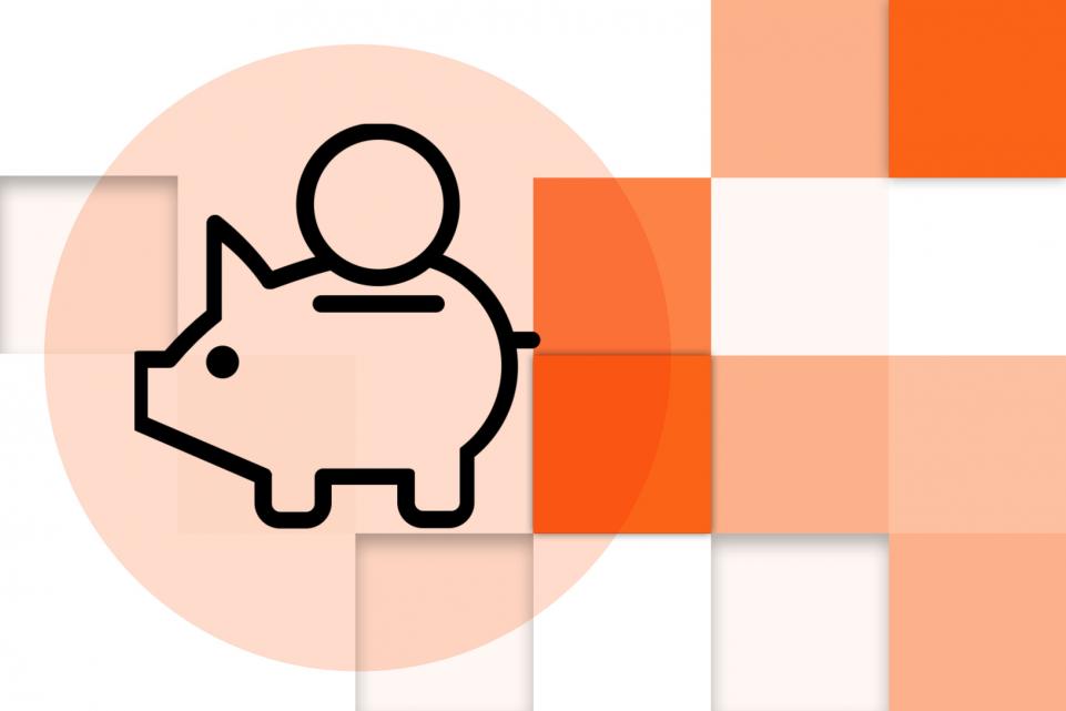 Image with orange and white squares, and piggy bank logo