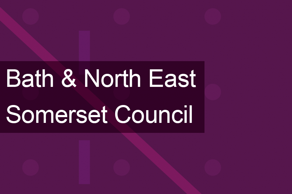 Dark purple background with lighter smaller diagonal lines and small circles. With the text Bath & North East Somerset Council.