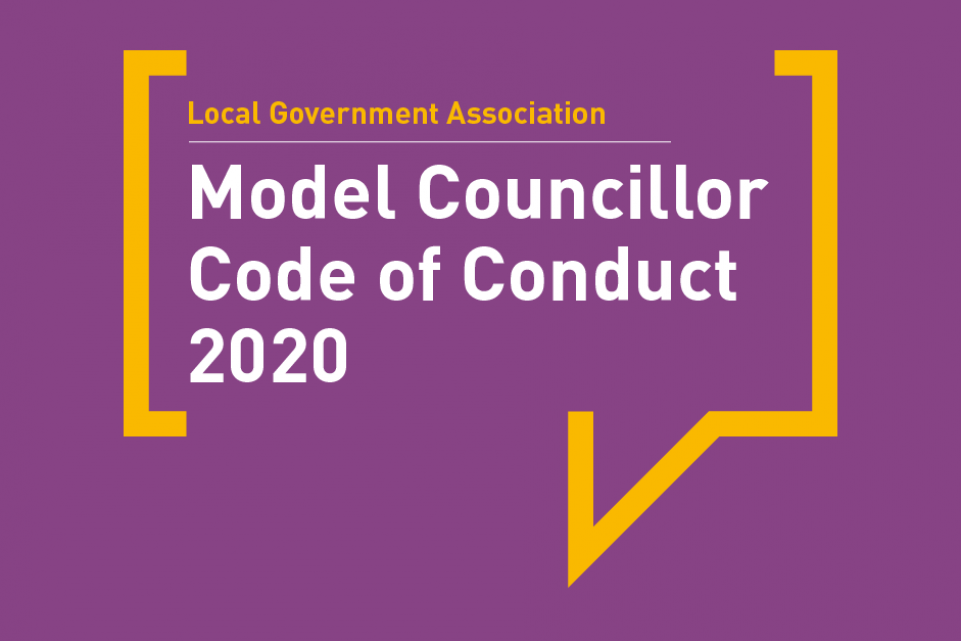 LGA Model Councillor Code of Conduct 2020 wording in white with magenta background 