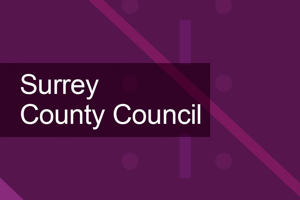 Dark purple background with lighter diagonal lines and the text Surrey County Council
