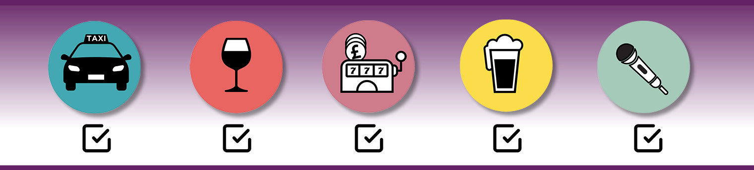 A banner image with a fading from purple to white background. Five circle icon images going across. From left to right is a taxi icon, a wine glass, a slot machine, a beer glass and a microphone.