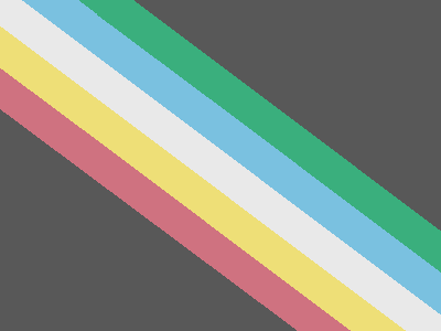 A charcoal grey flag with a diagonal band from the top left to bottom right corner, made up of five parallel stripes in red, gold, pale grey, blue, and green