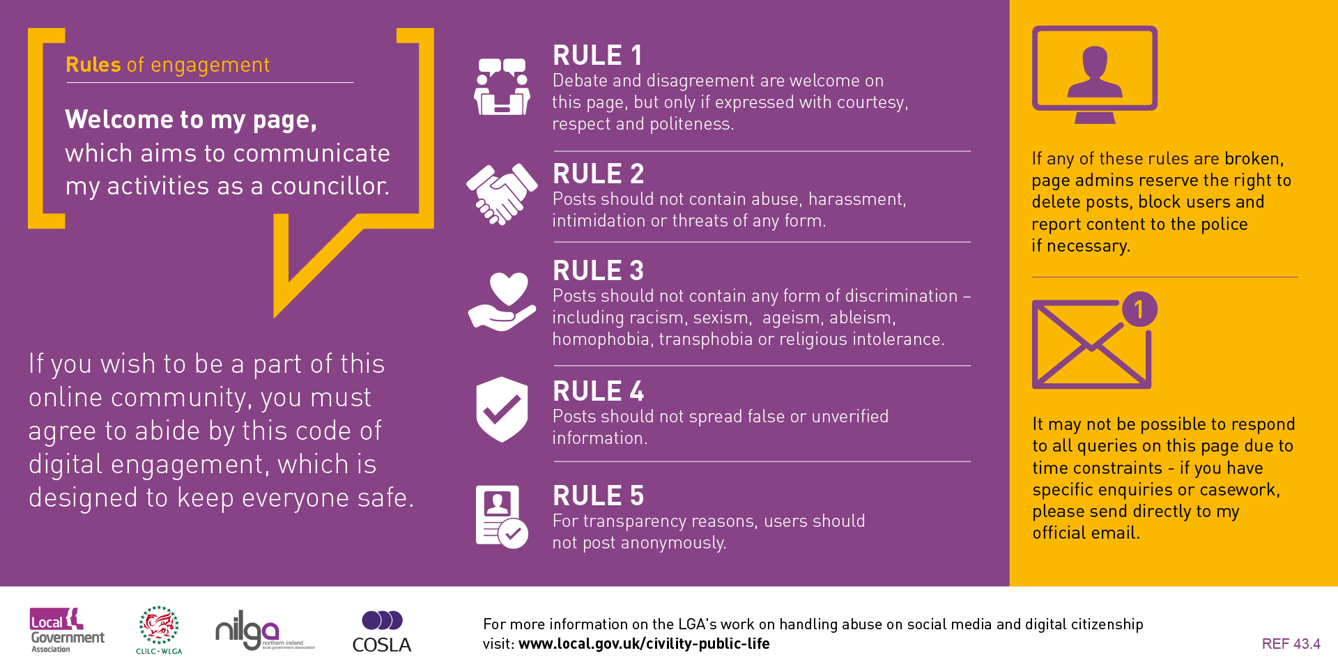 An infographic setting out the rules of engagement for a councillor's social media page. These rules are designed to give all users a clear ‘code’ by which they should operate, with a clear statement that users can be blocked, or posts deleted, if they fail to participate in a civil manner.