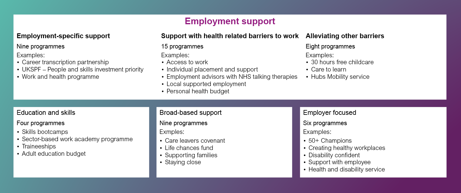 A table showing employment support programmes catagorised by type