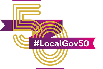 A large 50 in gold lettering with the hashtag #LocalGov50