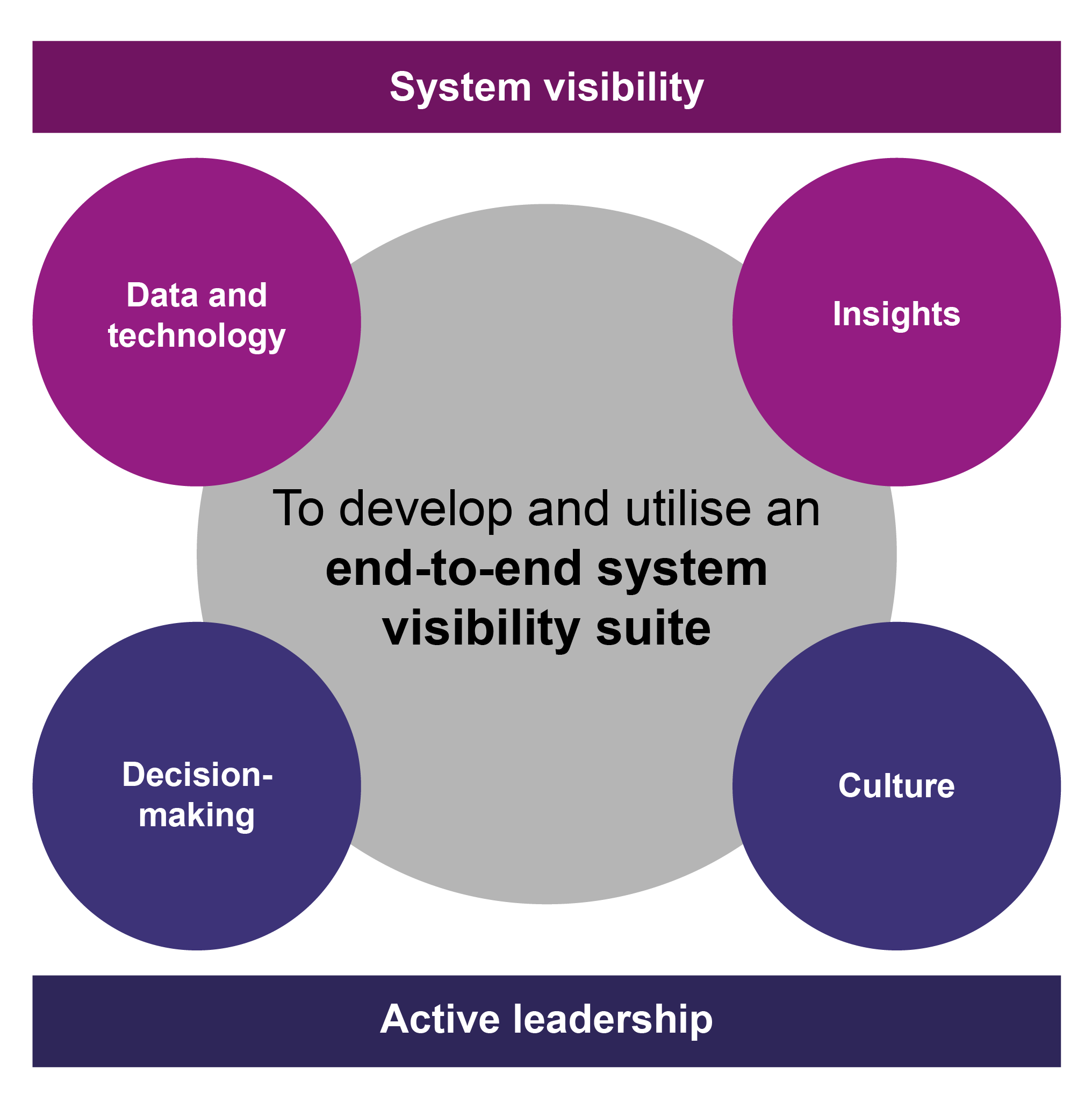 System visibility: a diagram showing how technology to bring all the data together, inform the right insights and make them accessible to people across the system