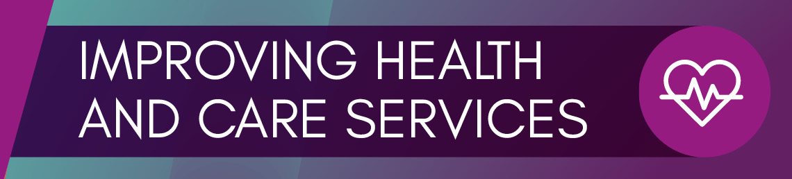 Dark purple background banner with the text improving health and care services with a light circle icon with a line drawn white heart