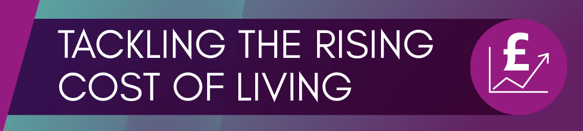 Dark purple banner with the text Tackling the rising cost of living with a lighter purple small icon with a pound sign in with a line graph with a arrow line going rising up