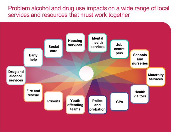 Problem alcohol and drug use impacts on a wide range of local services and resources that must work together, they include mental health services, job centre plus, schools, maternity services, health visitors, GPs, police, youth offending teams, prisons, fire and rescue, drug and alcohol services, early help, social care and housing services.