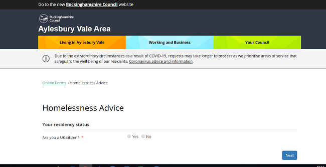Screenshot of Aylesbury Vale council's website on the homelessness advice webpage