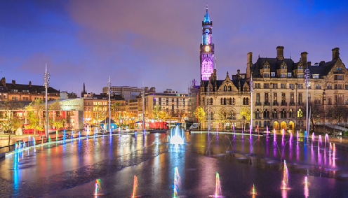 A photograph of Bradford city centre at night