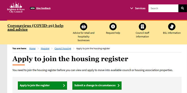 Screenshot of Brighton and Hove council's website, on the Housing register webpage.