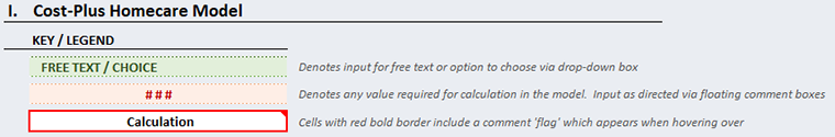 Screenshot of the toolkit key, showing the three types of cells: 'free text', 'value required' and 'calculation'