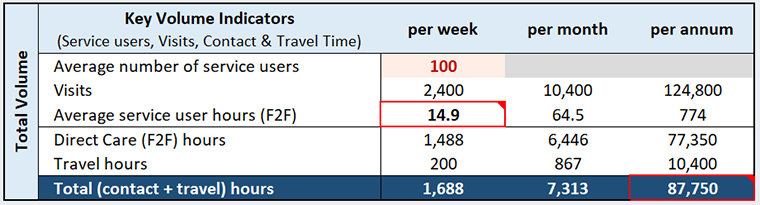 Screenshot of table which calculates the total annual hours of direct care (contact), and travel, accrued based on Sections A and B above