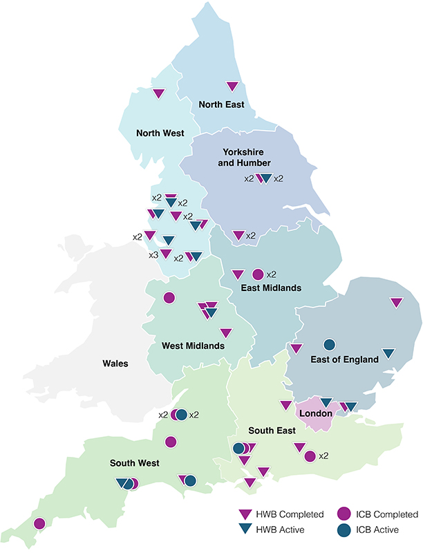 A map of England showing the places in which support is or has been delivered. See table 1 for more details.