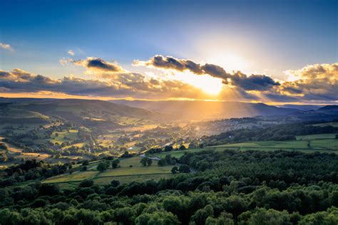 An aerial shot of Derbyshire countryside at sunset