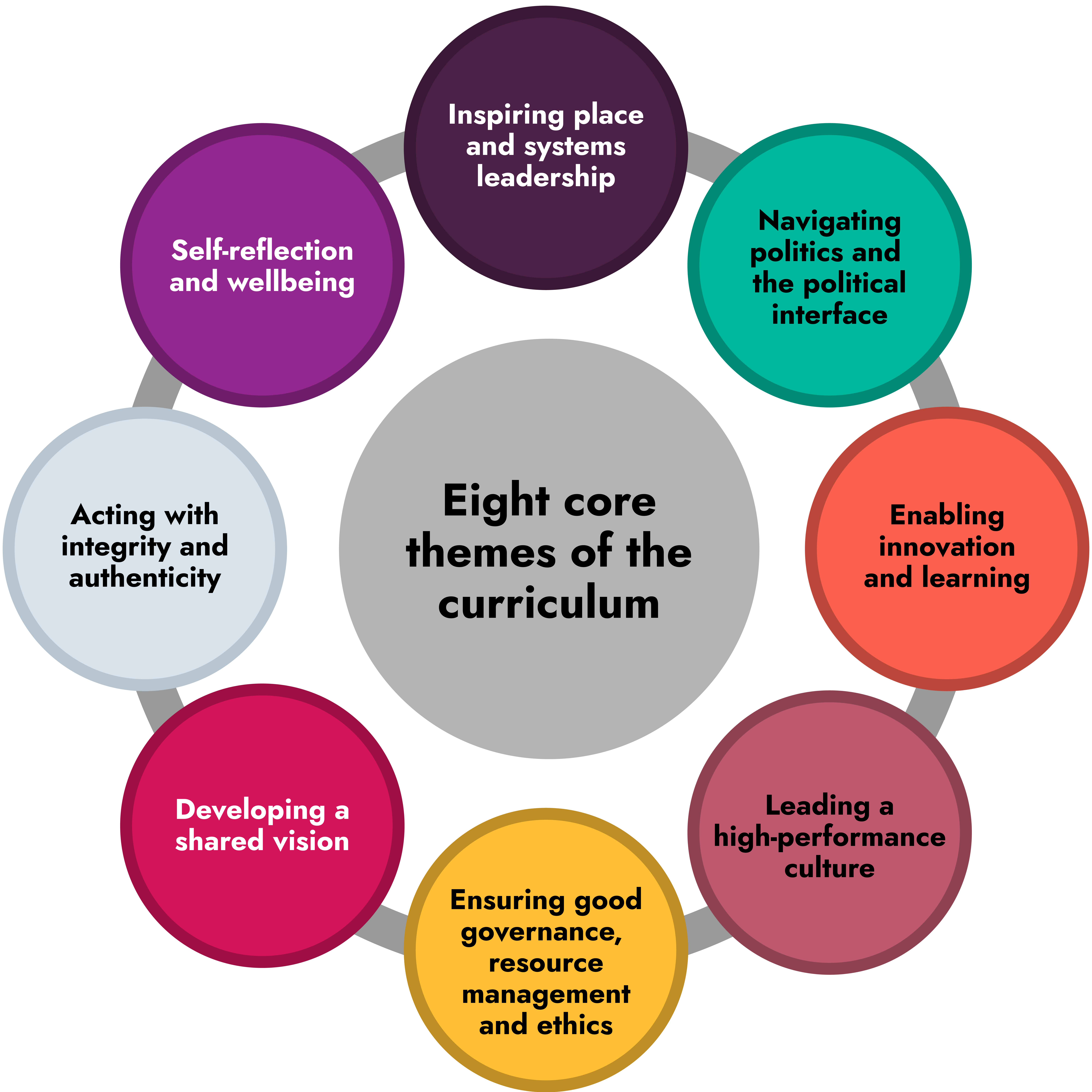 Circular infographic titled “Eight core themes of the curriculum” in the center. Surrounding it are eight colored circles forming a ring: Inspiring place and systems leadership; Navigating politics and the political interface; Enabling innovation and learning; Leading a high-performance culture; Ensuring good governance, resource management and ethics; Developing a shared vision; Acting with integrity and authenticity; Self-reflection and wellbeing.