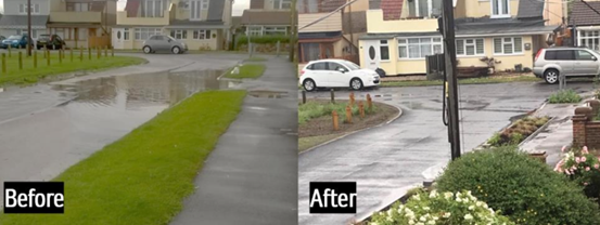 A before and after of Park Avenue in Essex after the Make Rain Happy scheme was installed. The before image shows flooding on Park Avenue road whilst the after shows the same street without flooding 