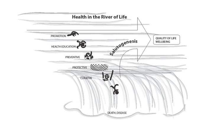 Figure 2 The classic River of Health, the “down river bias” here with an indication of the salutogenic direction