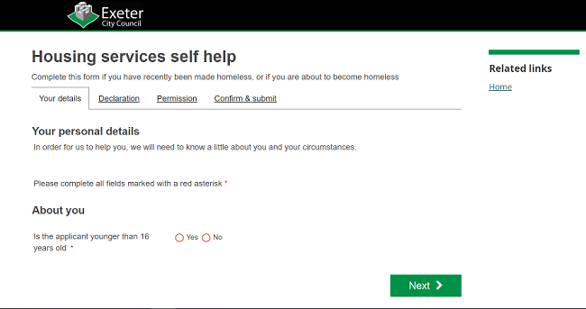 Screenshot of Exeter City Council's website on the Homelessness triage service webpage