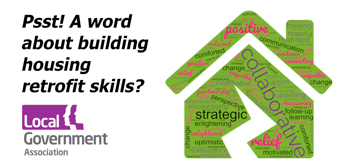 A word cloud about housing retrofit skills shaped as a house, with collaborative and strategic as the most prominent words