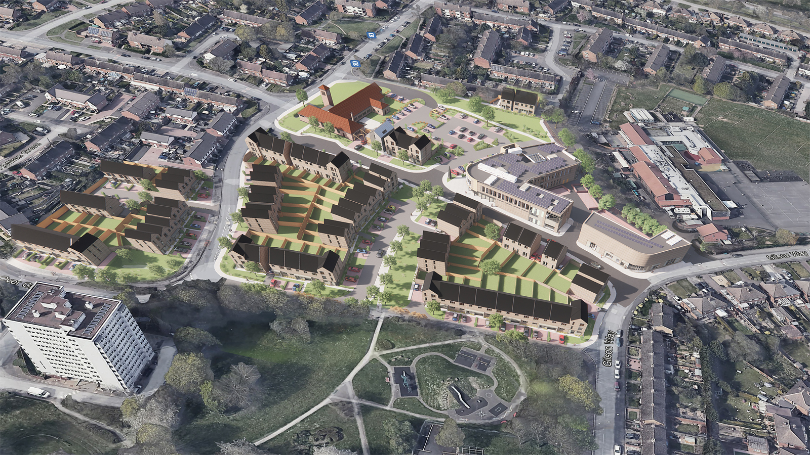 Aerial image of Kingshurst regeneration project after completion
