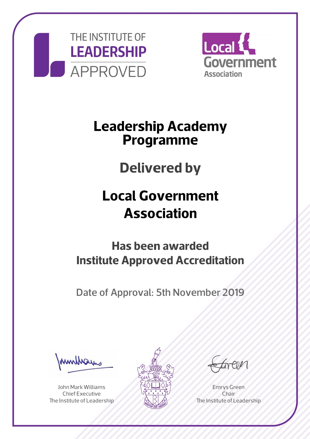 Leadership Academy Programme accreditation certificate