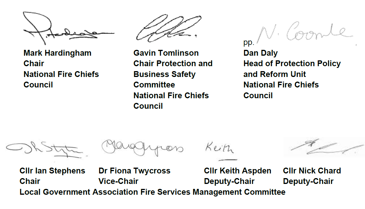 Letter signatures from LGA Fire Services Management Committee and the National Fire Chiefs Council
