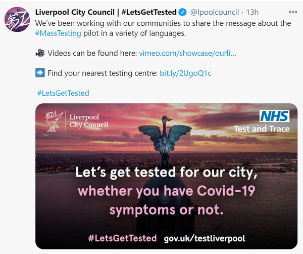 A screenshot of a tweet from Liverpool council, saying: Let's get tested for our city, whether you have Covid symptoms or not.