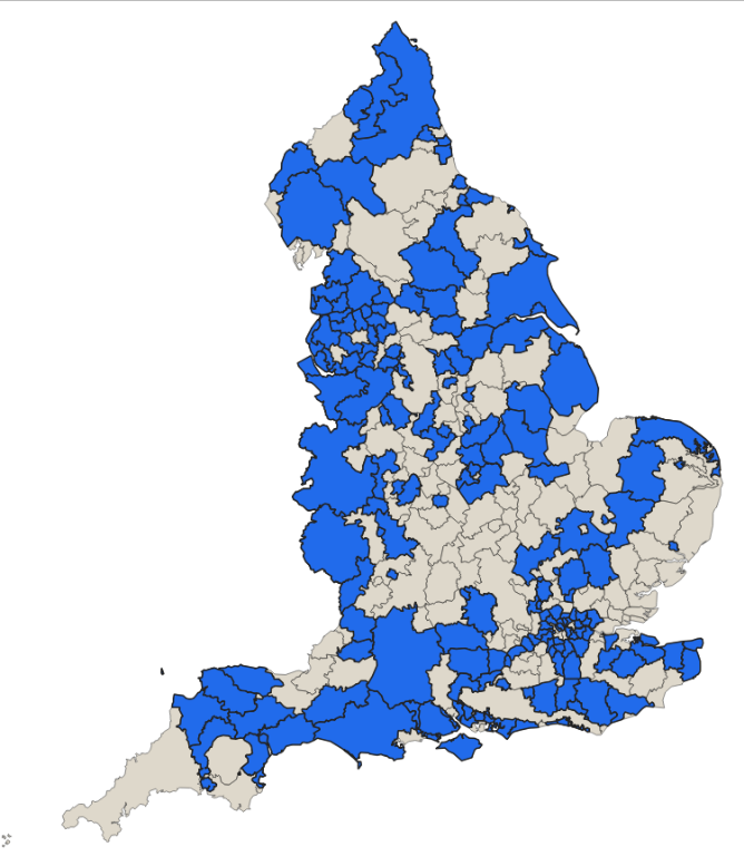 Map of England with dark blue shading showing which local authorities attended PAS Biodiversity Net Gain workshops in Summer 2021