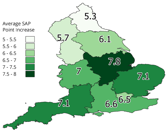 Figure 6-5: Map showing the average EPC improvement in each region from the 90 kWh/m2 Net Zero Scenario.