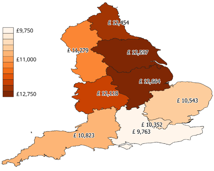 Figure 6-6: Map showing the average investment required in each region for the 90 kWh/m2 Net Zero Scenario.