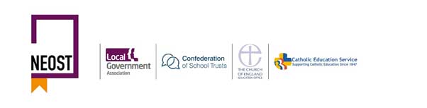 Five logos - NEOST, LGA, Confederation of school trusts, The Church of England education office, Catholic Education Service.