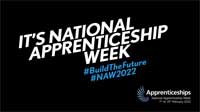 National apprenticeship week logo - white and blue text on black background