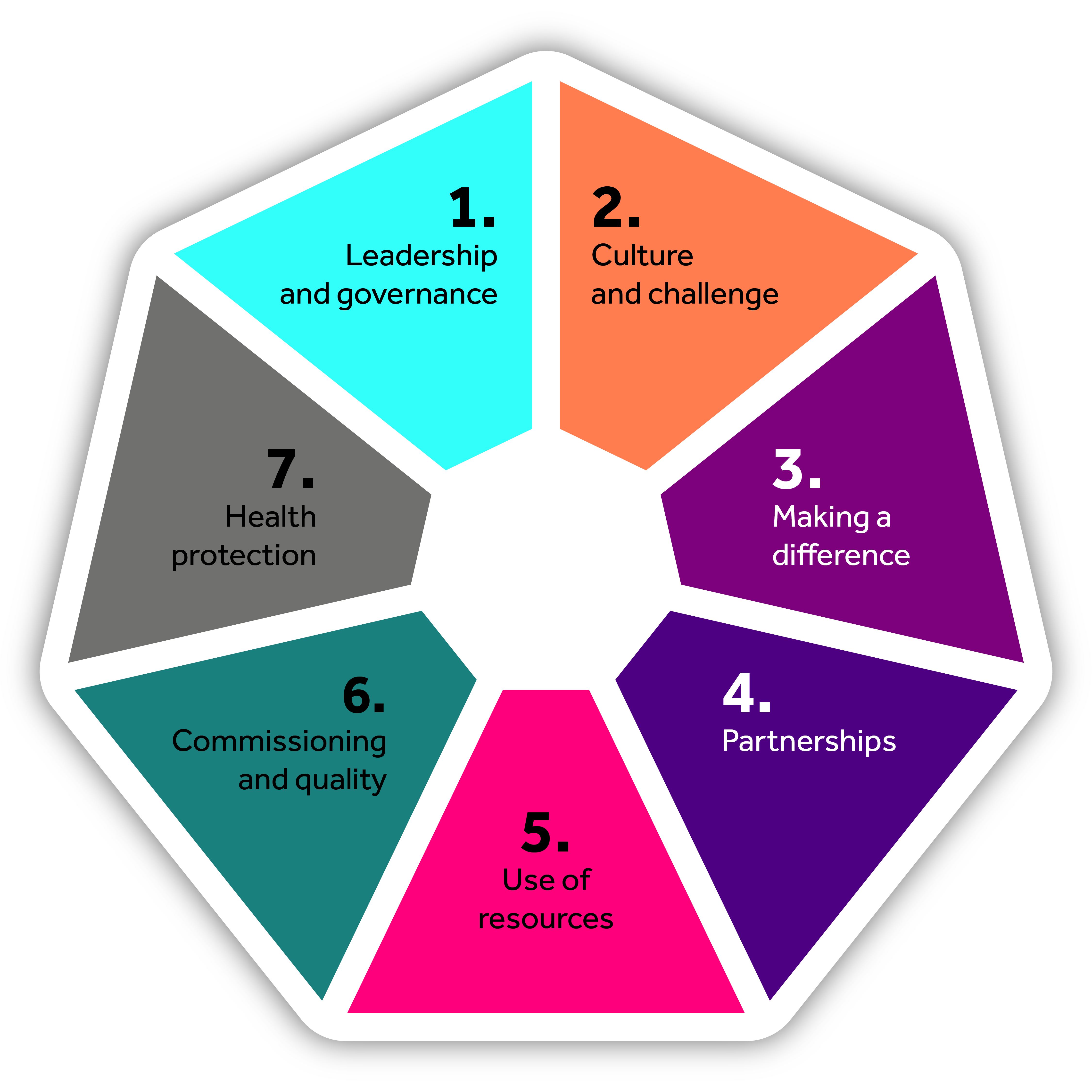 Hexagonal infographic with seven colored segments labeled: 1. Leadership, 2. Culture, 3. Making a difference, 4. Partnerships, 5. Resources, 6. Quality, 7. Health.